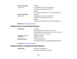 Page 142

Power
consumption
 Operating:

(100
to120 V)
 Normal
PowerConsumption mode:307W
 ECO
Power Consumption mode:231W
 Standby:

0.21
W(Communication Off),2.1W(Communication On)
 Power
consumption
 Operating:

(220
to240 V)
 Normal
PowerConsumption mode:291W
 ECO
Power Consumption mode:224W
 Standby:

0.28
W(Communication Off),2.4W(Communication On)
 Parent
topic:Technical Specifications
 Projector
Environmental Specifications
 Temperature
 Operating:

Up
to7500 ft(2286 m):41to95 °F (5 to35 °C)
 7500...