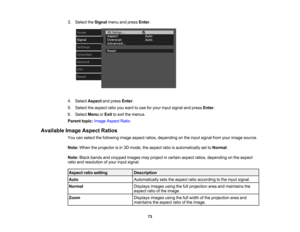 Page 73

3.
Select theSignal menuandpress Enter.
 4.
Select Aspect andpress Enter.
 5.
Select theaspect ratioyouwant touse foryour input signal andpress Enter.
 6.
Select MenuorExit toexit themenus.
 Parent
topic:Image Aspect Ratio
 Available
ImageAspect Ratios
 You
canselect thefollowing imageaspect ratios,depending onthe input signal fromyourimage source.
 Note:
When theprojector isin 3D mode, theaspect ratioisautomatically settoNormal .
 Note:
Blackbands andcropped imagesmayproject incertain...