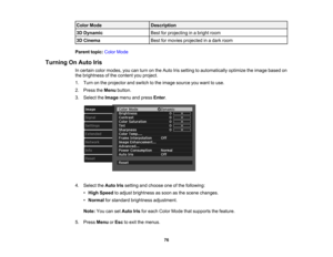Page 76

Color
Mode
 Description

3D
Dynamic
 Best
forprojecting inabright room
 3D
Cinema
 Best
formovies projected inadark room
 Parent
topic:ColorMode
 Turning
OnAuto Iris
 In
certain colormodes, youcanturn onthe Auto Irissetting toautomatically optimizetheimage based on
 the
brightness ofthe content youproject.
 1.
Turn onthe projector andswitch tothe image source youwant touse.
 2.
Press theMenu button.
 3.
Select theImage menuandpress Enter.
 4.
Select theAuto Irissetting andchoose oneofthe following:
 •...