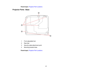 Page 17

Parent
topic:Projector PartLocations
 Projector
Parts-Base
 1
 Front
adjustable foot
 2
 Rear
feet
 3
 Security
cableattachment point
 4
 Mounting
bracketholes
 Parent
topic:Projector PartLocations
 17  