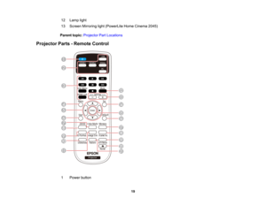 Page 19

12
 Lamp
light
 13
 Screen
Mirroring light(PowerLite HomeCinema 2045)
 Parent
topic:Projector PartLocations
 Projector
Parts-Remote Control
 1
 Power
button
 19  