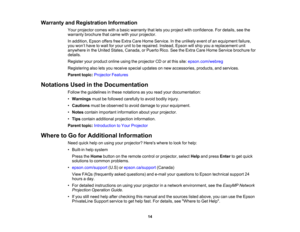 Page 14

Warranty
andRegistration Information
 Your
projector comeswithabasic warranty thatletsyou project withconfidence. Fordetails, seethe
 warranty
brochure thatcame withyour projector.
 In
addition, EpsonoffersfreeExtra CareHome Service. Inthe unlikely eventofan equipment failure,
 you
won’t have towait foryour unittobe repaired. Instead,Epsonwillship youareplacement unit
 anywhere
inthe United States, Canada, orPuerto Rico.SeetheExtra CareHome Service brochure for
 details.

Register
yourproduct...