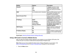 Page 56

Setting
 Options
 Description

Channel
 1ch
 In
Quick connection mode,
 selects
thefrequency band
 6ch

(channel)
usedbythe wireless
 11ch

LAN

SSID
 Up
32alphanumeric characters
 Sets
theSSID (network name)of
 the
wireless LANsystem the
 projector
isconnecting to
 Search
Access Point
 —
 Lets
yousearch foravailable
 wireless
networkaccesspointsin
 Advanced
connection mode
 IP
Settings
 DHCP
 In
Advanced connection mode,
 select
DHCP ifyour network
 IP
Address
 assigns
addresses automatically,...