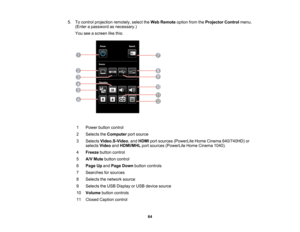 Page 64

5.
Tocontrol projection remotely,selecttheWeb Remote optionfromtheProjector Controlmenu.
 (Enter
apassword asnecessary.)
 You
seeascreen likethis:
 1
 Power
buttoncontrol
 2
 Selects
theComputer portsource
 3
 Selects
Video,S-Video ,and HDMI portsources (PowerLite HomeCinema 640/740HD) or
 selects
VideoandHDMI/MHL portsources (PowerLite HomeCinema 1040).
 4
 Freeze
buttoncontrol
 5
 A/V
Mute button control
 6
 Page
Upand Page Down button controls
 7
 Searches
forsources
 8
 Selects
thenetwork source...