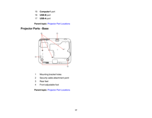 Page 17

15
 Computer1
port
 16
 USB-B
port
 17
 USB-A
port
 Parent
topic:Projector PartLocations
 Projector
Parts-Base
 1
 Mounting
bracketholes
 2
 Security
cableattachment point
 3
 Rear
feet
 4
 Front
adjustable foot
 Parent
topic:Projector PartLocations
 17  