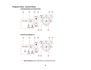 Page 22Projector Parts - Control Panel
EX5240/EX5250 Pro/VS340/VS345
EX7240 Pro/EX9200 Pro
1 Source Search button (searches for connected sources)
22   