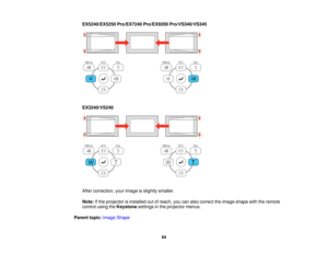 Page 84EX5240/EX5250 Pro/EX7240 Pro/EX9200 Pro/VS340/VS345
EX3240/VS240
After correction, your image is slightly smaller.
Note:
If the projector is installed out of reach, you can also correct the image shape with the remote
control using the Keystonesettings in the projector menus.
Parent topic: Image Shape
84   