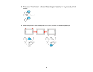 Page 832. Press one of these keystone buttons on the control panel to display the Keystone adjustment
screen.
3. Press a keystone button on the projectors control panel to adjust the image shape.
83   