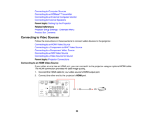Page 3939
Connecting to Computer Sources
Connecting to an HDBaseT Transmitter
Connecting to an External Computer Monitor
Connecting to External Speakers
Parent topic:
Setting Up the Projector
Related references
Projector Setup Settings - Extended Menu
Product Box Contents
Connecting to Video Sources Follow the instructions in these sections to connect video devices to the projector.
Connecting to an HDMI Video Source
Connecting to a Component-to-BNC Video Source
Connecting to a Component Video Source
Connecting...