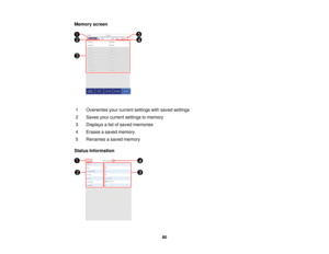 Page 8080
Memory screen
1 Overwrites your current settings with saved settings
2 Saves your current settings to memory
3 Displays a list of saved memories
4 Erases a saved memory
5 Renames a saved memory
Status Information   