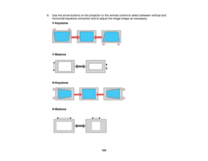 Page 103103
6. Use the arrow buttons on the projector or the remote control to select between vertical and
horizontal keystone correction and to adjust the image shape as necessary.
V-Keystone
V-Balance
H-Keystone
H-Balance     