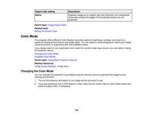 Page 126126
Aspect ratio setting
Description
Native Displays images as is (aspect ratio and resolution are maintained).
Areas that exceed the edges of the projected screen are not
projected.
Parent topic: Image Aspect Ratio
Related tasks
Setting the Screen Type
Color Mode The projector offers different Color Modes to provide optimum brightness, contrast, and color for a
variety of viewing environments and image types. You can select a mode designed to match your image
and environment, or experiment with the...