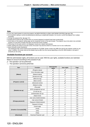Page 120Chapter 5 Operation of Function — Web control function
120 - ENGLISH
Note
 
f If you use a web browser to control the projector, set [WEB CONTROL] to [ON] in [NETWORK CONTROL] (
x page 109).
 
f Do not perform setting or control simultaneously by starting up multiple\
 web browsers. Do not set or control the projector from multiple 
computers.
 
f Change the password first. (
x page 131)
 
f Access will be locked for few minutes when an incorrect password is entered three times consecutively
.
 
f Some...
