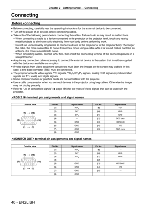 Page 40Chapter 2 Getting Started — Connecting
40 - ENGLISH
Connecting
Before connecting
 
f Before connecting, carefully read the operating instructions for the external device to be connected.
 
f Turn off the power of all devices before connecting cables.
 
f Take note of the following points before connecting the cables. Failure to do so may result in malfunctions.
 
g When connecting a cable to a device connected to the projector or the projector itself, touch any nearby 
metallic objects to eliminate...