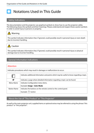 Page 3Organization of the Guide and Notations in the Guide
2
Notations Used in This Guide
Safety Indications
The documentation and the projector use graphical symbols to show how to use the projector safely.
The following shows the symbols and their meanings. Please understand and respect these caution symbols
in order to avoid injury to persons or property.
Warning
This symbol indicates information that, if ignored, could possibly result in personal injury or even death
due to incorrect handling.
Caution
This...