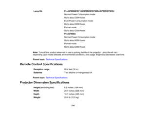 Page 228

228
Lamp
life
 Pro
G7000W/G7100/G7200W/G7500U/G7805/G7905U :
 Normal
PowerConsumption mode:
 Up
toabout 3000hours
 ECO
Power Consumption mode:
 Up
toabout 4000hours
 Portrait
mode:
 Up
toabout 2000hours
 Pro
G7400U
 Normal
PowerConsumption mode:
 Up
toabout 4000hours
 Portrait
mode:
 Up
toabout 2000hours
 Note:
Turnoffthis product whennotinuse toprolong thelifeofthe projector. Lamplifewill vary
 depending
uponmode selected, environmental conditions,andusage. Brightness decreasesovertime.
 Parent...