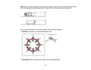 Page 31

31
Note:
Besure toleave atleast 20inches (50cm) ofspace infront ofthe airexhaust andintake vents
 and,
when setting upmultiple projectors, 20inches (50cm) ofspace between theprojectors.
 If
you mount theprojector tothe ceiling, installitwithin thefollowing angles:
 •
Vertically :Any angle inacomplete 360degree circle.
 •
Horizontally :Within theadjustment rangeofthe rear adjustable feet.   