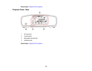 Page 22

22
Parent
topic:Projector PartLocations
 Projector
Parts-Rear
 1
 AC
input port
 2
 Control
panel
 3
 Kensington
securityslot
 4
 Interface
ports
 Parent
topic:Projector PartLocations  