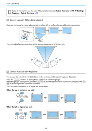 Page 32Basic Operations
31
c
If you do not want to use the Auto V-Keystone function, set Auto V-Keystone to Off. s Settings -
Keystone - Auto V-Keystone  p.68
Correct manually (H-Keystone adjuster)
Move the horizontal keystone adjuster to the right or left to perform horizontal keystone correction.
You can make effective corrections within a projection angle of 30° left to right.
Correct manually (H/V-Keystone)
You can use the  buttons on the control panel to correct keystone distortion.
Press the 
buttons to...
