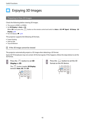 Page 43Useful Functions
42
Enjoying 3D Images
Preparing to View 3D Images
Check the following before viewing 3D images.
•The source is HDMI1 or HDMI2.
•Set 3D Display to Auto or 3D.
When 2D is set, press the 
 button on the remote control and switch to Auto or 3D. s Signal - 3D Setup - 3D
Display  p.66
•Pair 3D Glasses.  
s  p.44
This projector supports the following 3D formats.
•Frame Packing
•Side by Side
•Top and Bottom
If the 3D image cannot be viewed
The projector automatically projects a 3D image when...