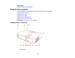 Page 16Related tasks
Using the Projector Help Displays
Projector Part Locations Check the projector part illustrations to learn about the parts on your projector.
Projector Parts - Front/Top
Projector Parts - Rear
Projector Parts - Base
Projector Parts - Control Panel
Projector Parts - Remote Control
Parent topic:Introduction to Your Projector
Projector Parts - Front/Top
1 Exhaust vent 16  