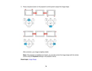 Page 793. Press a keystone button on the projectors control panel to adjust the image shape.
After correction, your image is slightly smaller.
Note: If the projector is installed out of reach, you can also correct the image shape with the remote
control using the Keystonesettings in the projector menus.
Parent topic: Image Shape
79   