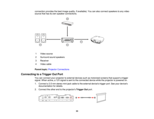 Page 33

33
connection
providesthebest image quality, ifavailable). Youcanalso connect speakers toany video
 source
thathasitsown speaker connections.
 1
 Video
source
 2
 Surround
soundspeakers
 3
 Receiver

4
 Video
cable
 Parent
topic:Projector Connections
 Connecting
toaTrigger OutPort
 You
canconnect yourprojector toexternal devicessuchasmotorized screensthatsupport atrigger
 signal.
Whenactive, a12V signal issent tothe connected devicewhiletheprojector ispowered on.
 1.
Connect a3.5 mm stereo mini-jack...