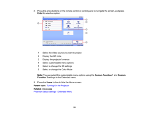 Page 55

55
2.
Press thearrow buttons onthe remote controlorcontrol paneltonavigate thescreen, andpress
 Enter
toselect anoption.
 1
 Select
thevideo source youwant toproject
 2
 Display
theQR code
 3
 Display
theprojector s menus
 4
 Select
customizable menuoptions
 5
 Select
tochange the3Dsettings
 6
 Select
tochange theColor Mode
 Note:
Youcanselect thecustomizable menuoptions usingtheCustom Function 1and Custom
 Function
2settings inthe Extended menu.
 3.
Press theHome button tohide theHome screen.
 Parent...