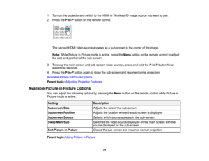 Page 77

77
1.
Turn onthe projector andswitch tothe HDMI orWirelessHD imagesource youwant touse.
 2.
Press theP-in-P buttononthe remote control.
 The
second HDMIvideosource appears asasub-screen inthe corner ofthe image.
 Note:
WhilePicture inPicture modeisactive, presstheMenu button onthe remote controltoadjust
 the
size andposition ofthe sub-screen.
 3.
Toswap themain screen andsub-screen videosources, pressandhold theP-in-P buttonforat
 least
three seconds.
 4.
Press theP-in-P buttonagaintoclose...