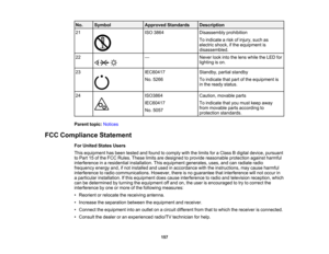 Page 157

157
No.
 Symbol
 Approved
Standards
 Description

21
 ISO
3864
 Disassembly
prohibition
 To
indicate arisk ofinjury, suchas
 electric
shock,ifthe equipment is
 disassembled.

22
 —
 Never
lookintothelens while theLED for
 lighting
ison.
 23
 IEC60417

No.
5266
 Standby,
partialstandby
 To
indicate thatpart ofthe equipment is
 in
the ready status.
 24
 ISO3864

IEC60417

No.
5057
 Caution,
movable parts
 To
indicate thatyoumust keep away
 from
movable partsaccording to
 protection
standards.
 Parent...