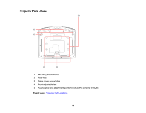 Page 18

18
Projector
Parts-Base
 1
 Mounting
bracketholes
 2
 Rear
foot
 3
 Cable
coverscrew holes
 4
 Front
adjustable feet
 5
 Anamorphic
lensattachment point(PowerLite ProCinema 6040UB)
 Parent
topic:Projector PartLocations  