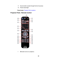 Page 20

20
11
 Source
button(cycles through thelistofsources)
 12
 Power
button/light
 Parent
topic:Projector PartLocations
 Projector
Parts-Remote Control
 1
 On
button (turnsonprojector)  