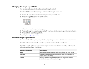 Page 70

70
Changing
theImage Aspect Ratio
 You
canchange theaspect ratioofthe displayed imagetoresize it.
 Note:
ForHDMI sources, theinput signal determines theimages aspectratio.
 1.
Turn onthe projector andswitch tothe image source youwant touse.
 2.
Press theAspect buttononthe remote control.
 A
list ofthe available aspectratiosappears.
 3.
Tocycle through theavailable aspectratiosforyour input signal, presstheupordown arrow button.
 4.
Press Entertoselect theaspect ratio.
 Parent
topic:Image Aspect Ratio...