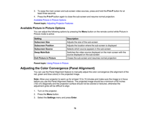 Page 76

76
3.
Toswap themain screen andsub-screen videosources, pressandhold theP-in-P buttonforat
 least
three seconds.
 4.
Press theP-in-P buttonagaintoclose thesub-screen andresume normalprojection.
 Available
PictureinPicture Options
 Parent
topic:Adjusting ProjectorFeatures
 Available
PictureinPicture Options
 You
canadjust thefollowing optionsbypressing theMenu button onthe remote controlwhilePicture in
 Picture
modeisactive:
 Setting
 Description

Subscreen
Size
 Adjusts
thesize ofthe sub-screen...