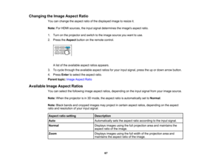 Page 67

67
Changing
theImage Aspect Ratio
 You
canchange theaspect ratioofthe displayed imagetoresize it.
 Note:
ForHDMI sources, theinput signal determines theimages aspectratio.
 1.
Turn onthe projector andswitch tothe image source youwant touse.
 2.
Press theAspect buttononthe remote control.
 A
list ofthe available aspectratiosappears.
 3.
Tocycle through theavailable aspectratiosforyour input signal, presstheupordown arrow button.
 4.
Press Entertoselect theaspect ratio.
 Parent
topic:Image Aspect Ratio...