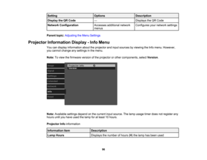 Page 96

96
Setting
 Options
 Description

Display
theQRCode
 —
 Displays
theQR Code
 Network
Configuration
 Accesses
additional network
 menus
 Configures
yournetwork settings
 Parent
topic:Adjusting theMenu Settings
 Projector
Information Display-Info Menu
 You
candisplay information abouttheprojector andinput sources byviewing theInfo menu. However,
 you
cannot change anysettings inthe menu.
 Note:
Toview thefirmware versionofthe projector orother components, selectVersion .
 Note:
Available...