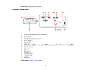 Page 17

17
Parent
topic:Projector PartLocations
 Projector
Parts-Rear
 1
 Speakers
(PowerLite HomeCinema 3700)
 2
 AC
input port
 3
 Security
cableattachment point
 4
 Audio
Outport
 5
 Cable
holder
 6
 1000
mAport (USB power foroptical HDMIconnections) (PowerLiteHomeCinema 3700)
 7
 Remote
receiver
 8
 USB
port
 9
 Service
port
 10
 HDMI2/MHL
port
 11
 PC
port (VGA)
 12
 HDMI1
port
 Parent
topic:Projector PartLocations  