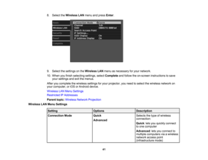 Page 41

41
8.
Select theWireless LANmenu andpress Enter.
 9.
Select thesettings onthe Wireless LANmenu asnecessary foryour network.
 10.
When youfinish selecting settings,selectComplete andfollow theon-screen instructions tosave
 your
settings andexitthemenus.
 After
youcomplete thewireless settingsforyour projector, youneed toselect thewireless networkon
 your
computer ,or iOS orAndroid device.
 Wireless
LANMenu Settings
 Restricted
IPAddresses
 Parent
topic:Wireless NetworkProjection
 Wireless
LANMenu...