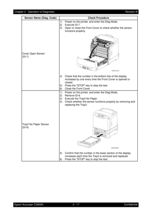 Page 2212 - 17 Chapter 2   Operation of Diagnostic
Epson AcuLaser C2900NRevision B
Confidential Cover Open Sensor
(DI-7)1) Power on the printer, and enter the Diag Mode.
2) Execute DI-7.
3) Open or close the Front Cover to check whether the sensor 
functions properly.
4) Check that the number in the bottom line of the display 
increases by one every time the Front Cover is opened or 
closed.
5) Press the STOP key to stop the test.
6) Close the Front Cover.
Tray2 No Paper Sensor
(DI-9)1) Power on the printer, and...