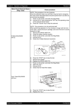 Page 2292 - 25 Chapter 2   Operation of Diagnostic
Epson AcuLaser C2900NRevision B
Confidential K Mode SOLENOID
(DO-a)NOTE: This procedure is for the Customer.
Since the solenoid noise is so soft that it may be hard to recognize, 
the noise check described below should be performed in as silent an 
environment as possible.
1) Power on the printer, and enter the Diag Mode.
2) Execute DO-a. Upon pressing the OK key, the operating noise 
of the solenoid will be heard.
3) Press the Cancel key to stop the solenoid....