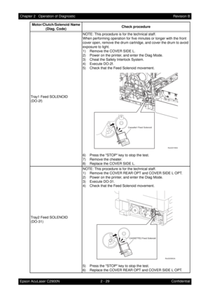 Page 2332 - 29 Chapter 2   Operation of Diagnostic
Epson AcuLaser C2900NRevision B
Confidential Tray1 Feed SOLENOID
(DO-2f)NOTE: This procedure is for the technical staff.
When performing operation for five minutes or longer with the front 
cover open, remove the drum cartridge, and cover the drum to avoid 
exposure to light.
1) Remove the COVER SIDE L.
2) Power on the printer, and enter the Diag Mode.
3) Cheat the Safety Interlock System.
4) Execute DO-2f.
5) Check that the Feed Solenoid movement.
6) Press the...