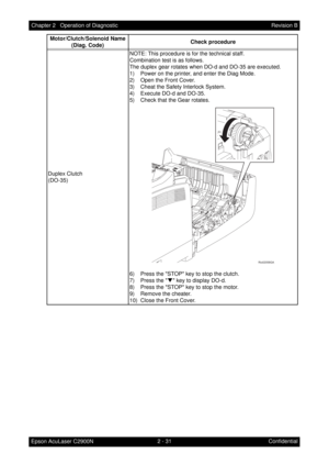 Page 2352 - 31 Chapter 2   Operation of Diagnostic
Epson AcuLaser C2900NRevision B
Confidential Duplex Clutch
(DO-35)NOTE: This procedure is for the technical staff.
Combination test is as follows.
The duplex gear rotates when DO-d and DO-35 are executed.
1) Power on the printer, and enter the Diag Mode.
2) Open the Front Cover.
3) Cheat the Safety Interlock System.
4) Execute DO-d and DO-35.
5) Check that the Gear rotates.
6) Press the STOP key to stop the clutch.
7) Press the T key to display DO-d.
8) Press...