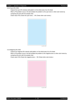 Page 2422 - 38 Chapter 2   Operation of Diagnostic
Epson AcuLaser C2900NRevision B
Confidential 4.5.5 Cyan 20% ESS
Outputs the cyan 20% density solid pattern on the whole area of an A4 sheet.
When a PQ problem occurs, this test isolates the problem to the cyan toner or other color toners by 
comparing the print with the sample chart.
Check result: NG (Check the cyan toner.)   OK (Check other color toners.)
4.5.6 Magenta 20% ESS
Outputs the magenta 20% density solid pattern on the whole area of an A4 sheet.
When...