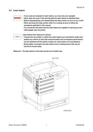 Page 6vRevision B
Epson AcuLaser C2900N Confidential
4.4 Laser beams
• If your eyes are exposed to laser beams, you may lose your eyesight.
• Never open the cover if the warning label for laser beams is attached there.
• Before disassembling and reassembling this laser printer, be sure to turn it OFF.
• When servicing this laser printer while it is running, be sure to follow the
procedures specified in this manual.
• You should be well aware that the laser beams are capable of injuring you and
other people...