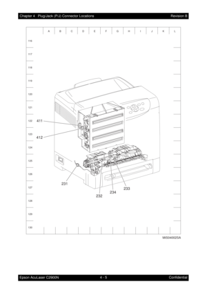 Page 5034 - 5 Chapter 4   Plug/Jack (P/J) Connector Locations
Epson AcuLaser C2900NRevision B
Confidential
A
11 7
11 8
11 9
120
121
122
123
124
125
126
127
128
129
130 11 6BCDE FGH I J K L
MiS04002SA
411
412
231
234233
232 