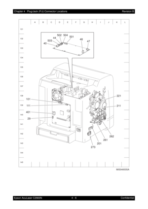 Page 5044 - 6 Chapter 4   Plug/Jack (P/J) Connector Locations
Epson AcuLaser C2900NRevision B
Confidential
A
132
133
134
135
136
137
138
139
140
141
142
143
144
145 131BCDE FGH I J K L
MiS04003SA
501 504 502
44
503
4047 48
221
211
101
111
401
29
273201261262 