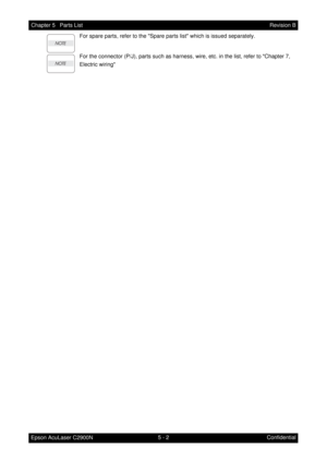 Page 5115 - 2 Chapter 5   Parts List
Epson AcuLaser C2900NRevision B
Confidential For spare parts, refer to the Spare parts list which is issued separately.
For the connector (P/J), parts such as harness, wire, etc. in the list, refer to Chapter 7, 
Electric wiring 