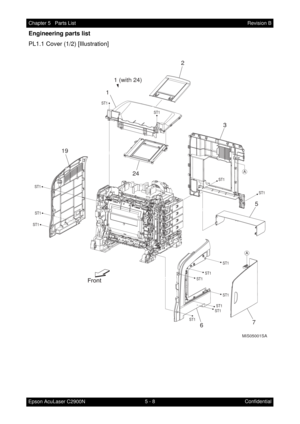 Page 5175 - 8 Chapter 5   Parts List
Epson AcuLaser C2900NRevision B
Confidential
Engineering parts list
PL1.1 Cover (1/2) [Illustration]
MiS05001SA
ST1
ST1
ST1
ST1
ST1 ST1
ST1
ST1
ST1
ST1
ST1
ST1ST1 ST1
5
19
3 2
3
7
6
24
1 (with 24)
1 