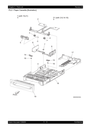 Page 5215 - 12 Chapter 5   Parts List
Epson AcuLaser C2900NRevision B
Confidential
PL2.1 Paper Cassette [Illustration]
MiS05003SA
2
3
4
56
7
1617
18 8
19
15 16 14
21 (with 2-8,14-18)
1 (with 19,21) 