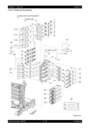 Page 5295 - 20 Chapter 5   Parts List
Epson AcuLaser C2900NRevision B
Confidential
PL5.1 Dispenser [Illustration]
MiS05007SA
29
ST1 ST1
ST1 ST1
ST1 ST1
ST1 ST1
ST1 ST1
ST1ST1ST1 ST1
ST1 SM3
ST1 ST1
17
18
19
20
21
22
23
24 25
2627
16
16
16
16
15 129
14
15
15
1513
13
13
13
13
13
13
1310
10
10
1011 (with 12,13)
2 (with 3-8)
1 (with 2,9-11,14-16,25-27)
34
3
3
3
5
67
8
7
8
7
8
7
8
6
6
6
14
14
14
(J191)(P192)(P191)
(P182)
(P181)
(J192)
(J182)
(J181)
(J311)(J29)
(J31)(J19)
(J18)
(J312)
(J313)
(J314)
(P311)(P291)(J291)...